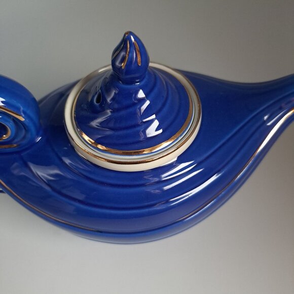 Hall Pottery Blue Gold Aladdin Lamp 6 Cup Teapot Tea Strainer MCM Genie-Inspired - Picture 8 of 16